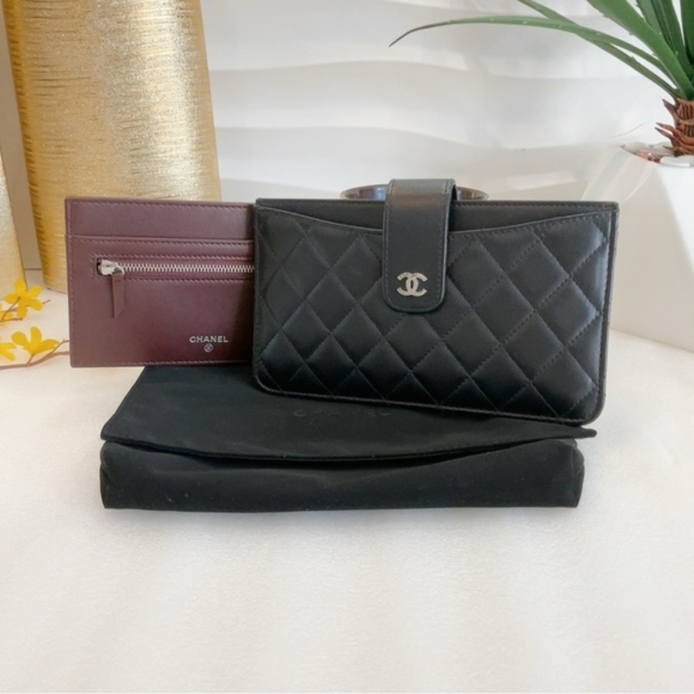 ❤️Beautiful 💎 Authentic Chanel Classic Black Lambskin 2 Set Pouch Long Wallet